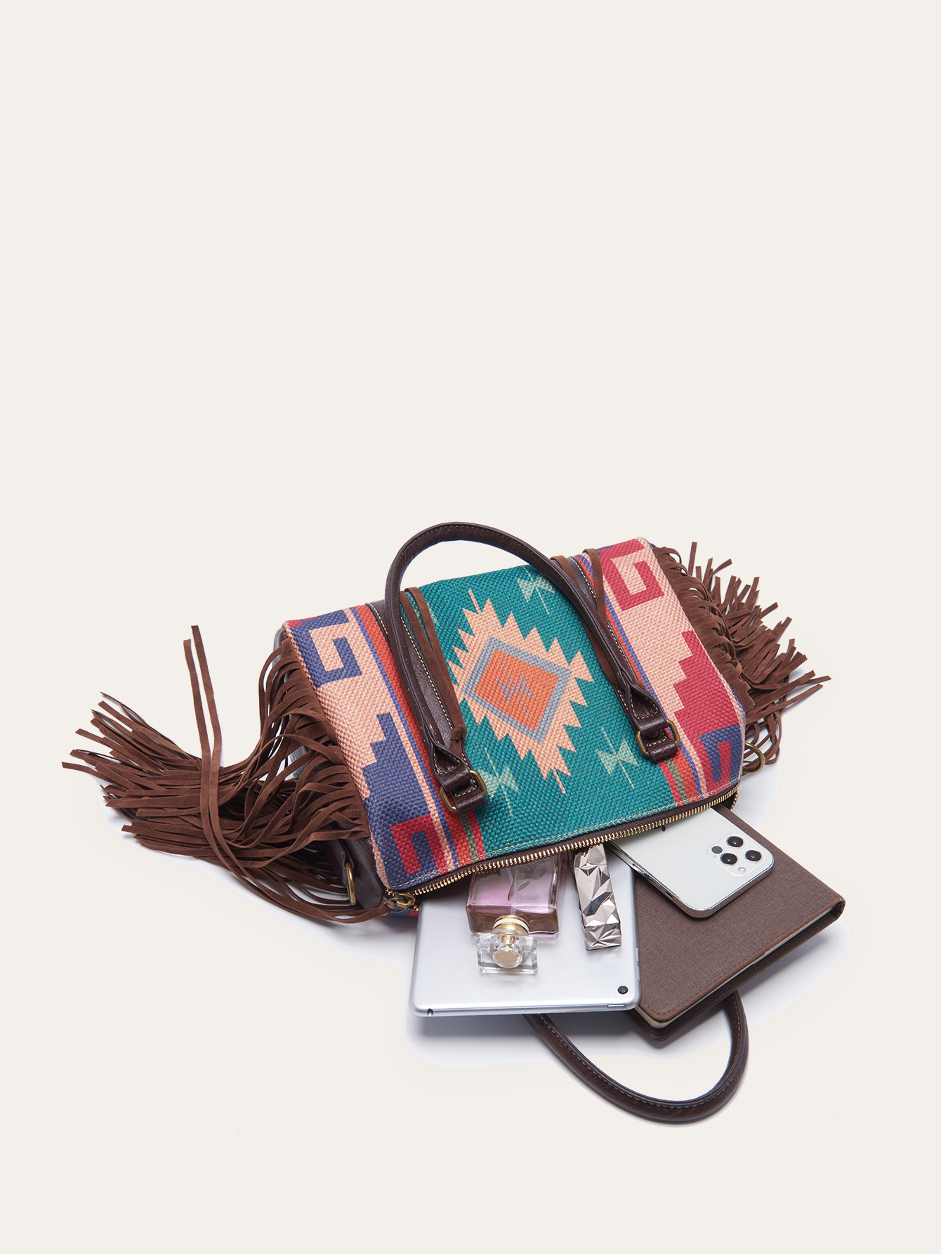 Retro Linen Cotton Fringe Print Crossbody Bag