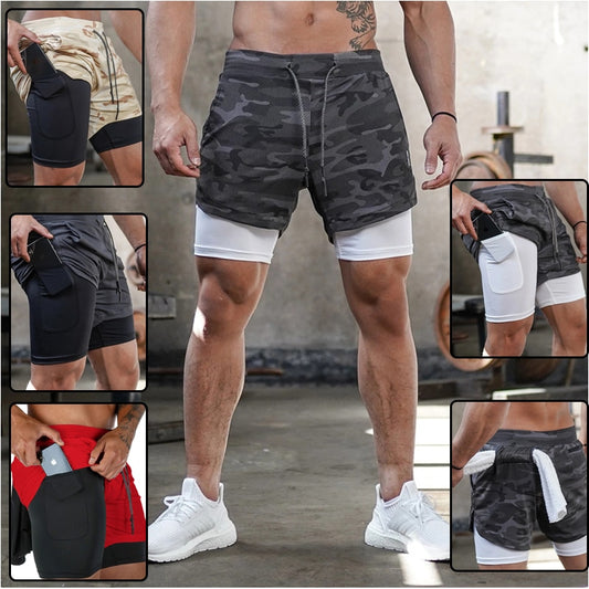 Men Shorts Running Gym Sports Shorts Pocket 2 In 1 Quick Dry Workout Training Gym Fitness Jogging Short Pants Summer Men Shorts