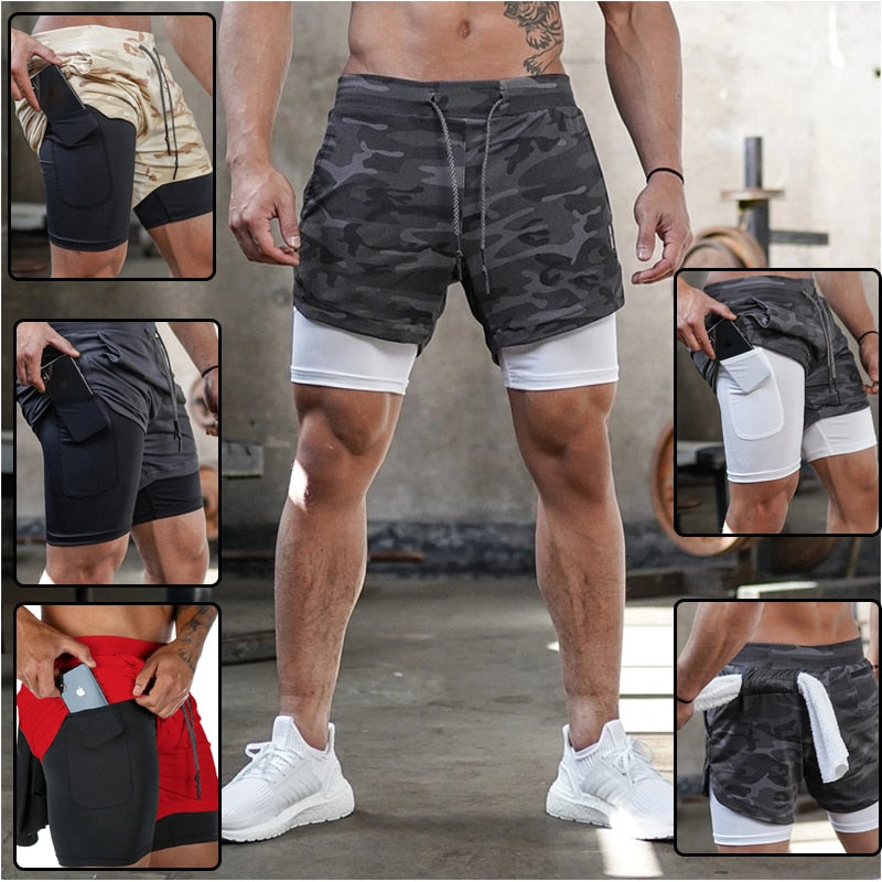 Men Shorts Running Gym Sports Shorts Pocket 2 In 1 Quick Dry Workout Training Gym Fitness Jogging Short Pants Summer Men Shorts