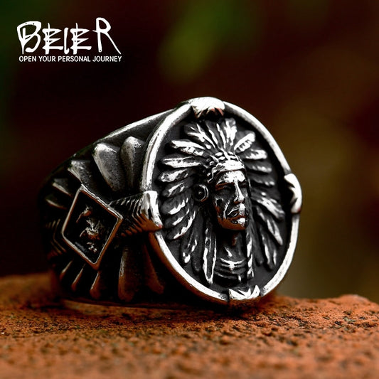 BEIER Chief Stainless Steel USA Indiana Motorcycle Rider Fashion Men's Skull Ring BR8-231 US Size 7-13