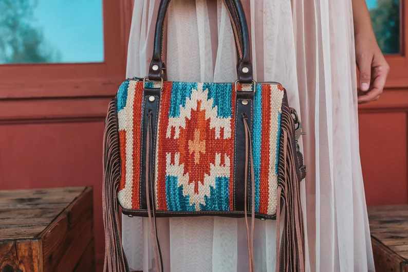Retro Linen Cotton Fringe Print Crossbody Bag