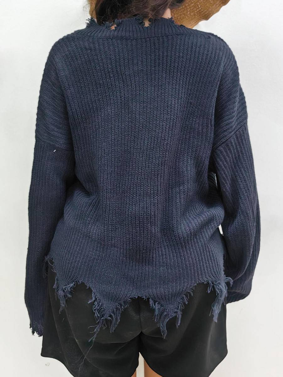 Solid Plus Size V Neck Long Sleeve Raw Hem Sweater