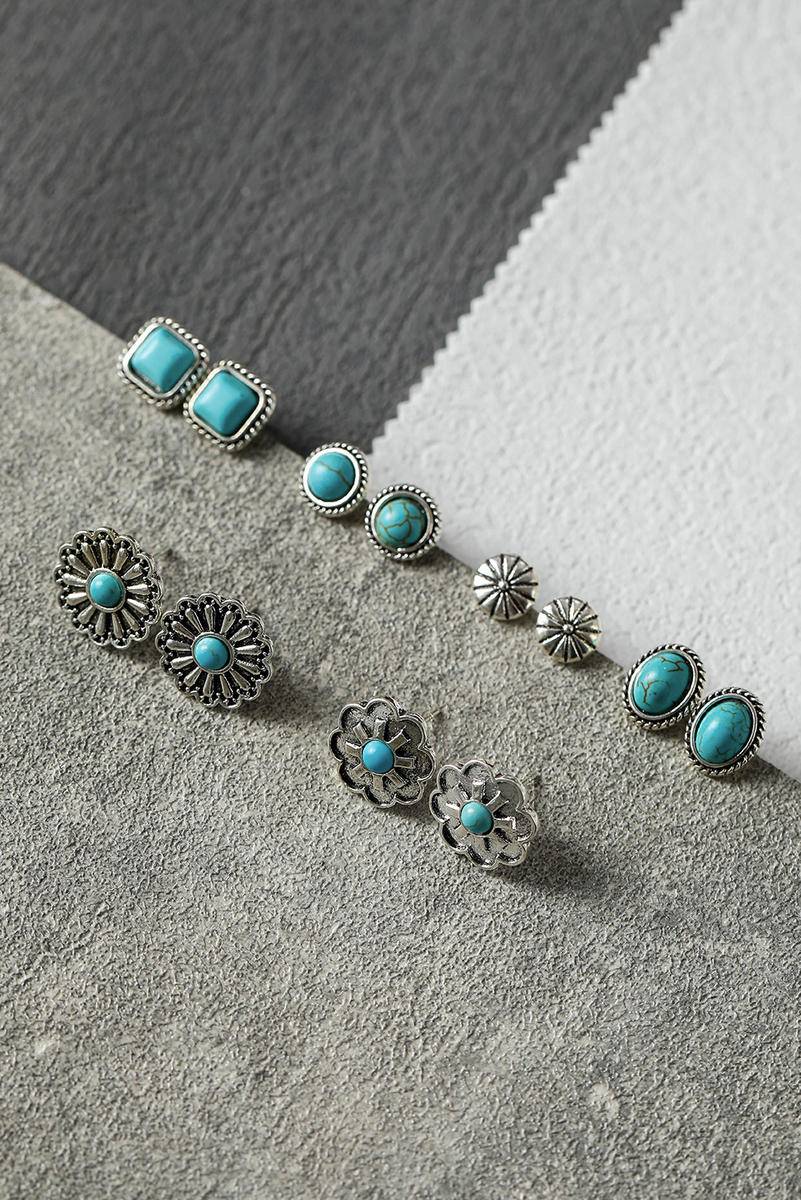 Silver Alloy Florets Turquoise Earrings Set