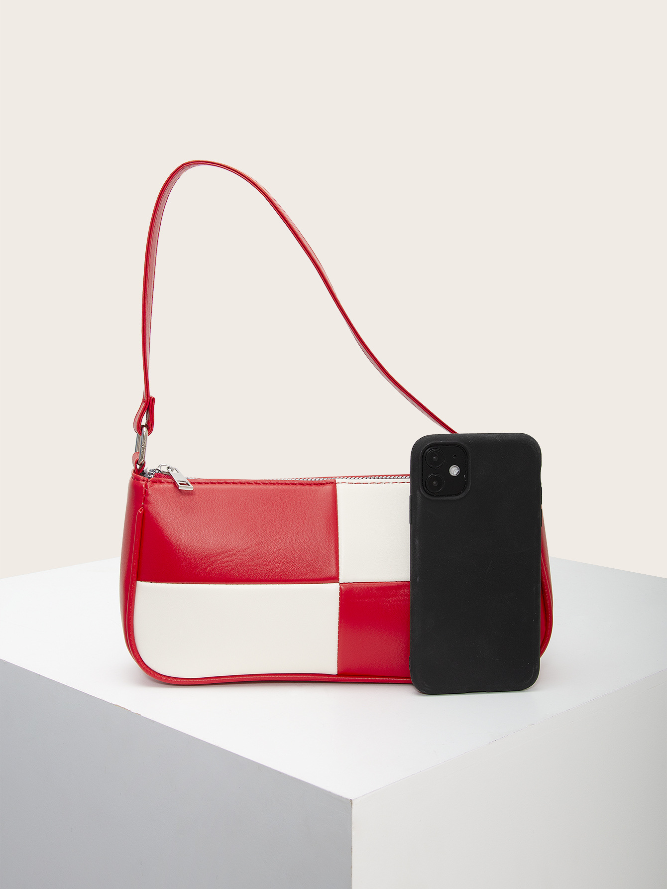Retro Plaid Color Block Baguette Bag