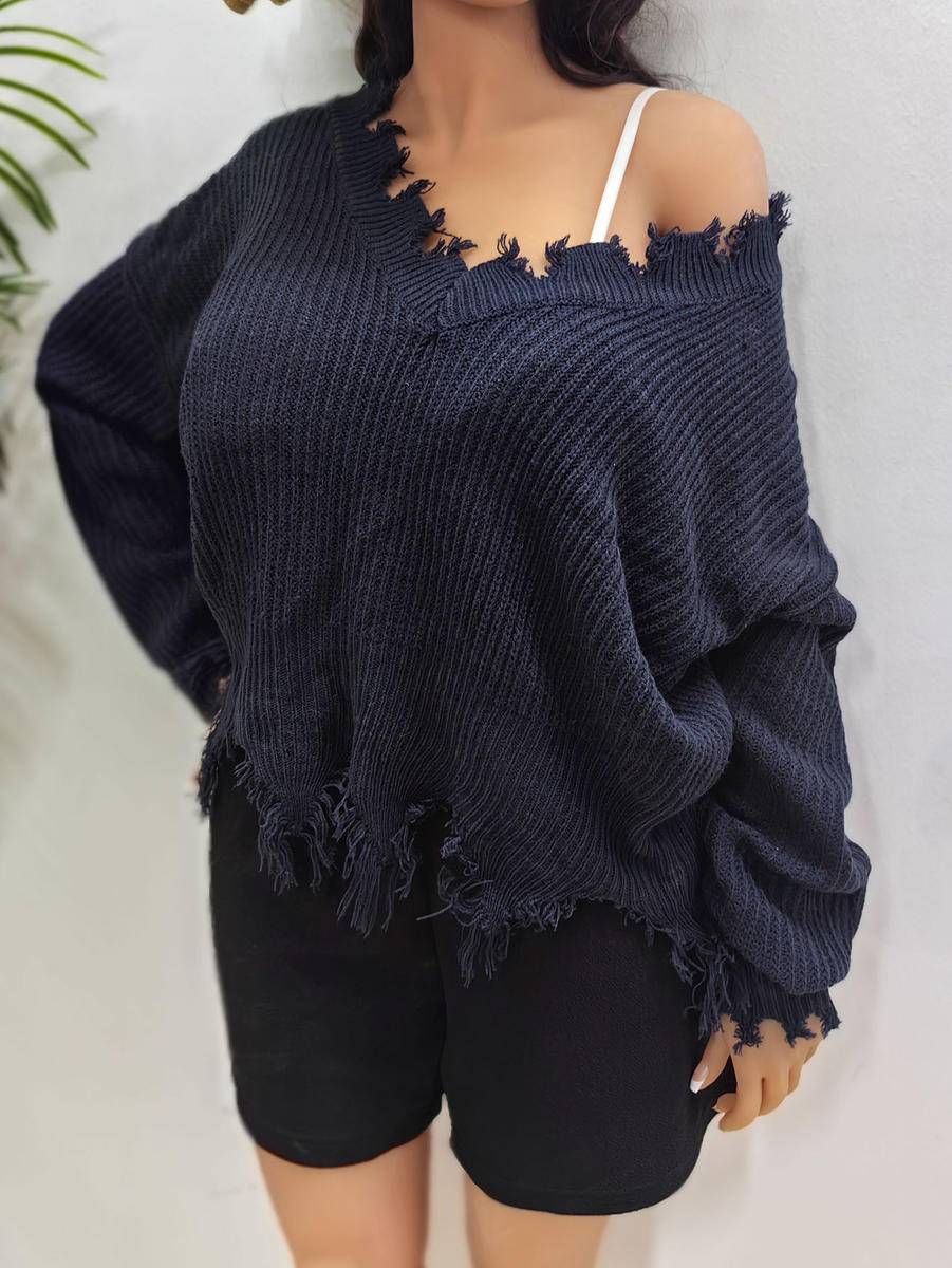 Solid Plus Size V Neck Long Sleeve Raw Hem Sweater
