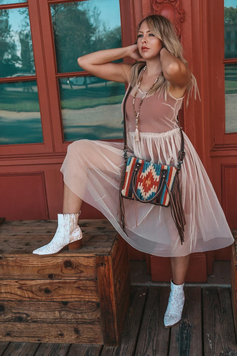 Retro Linen Cotton Fringe Print Crossbody Bag