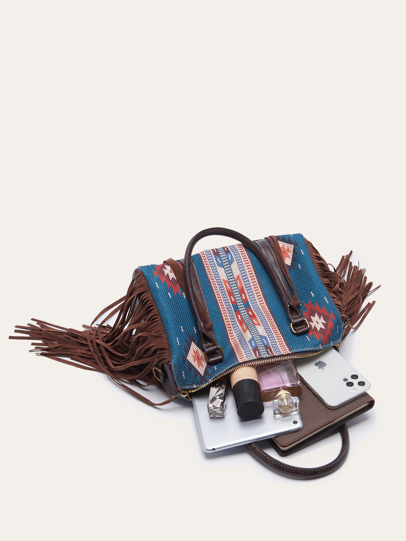 Retro Linen Cotton Fringe Print Crossbody Bag