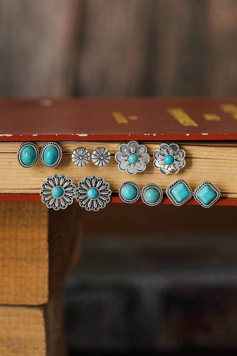 Silver Alloy Florets Turquoise Earrings Set