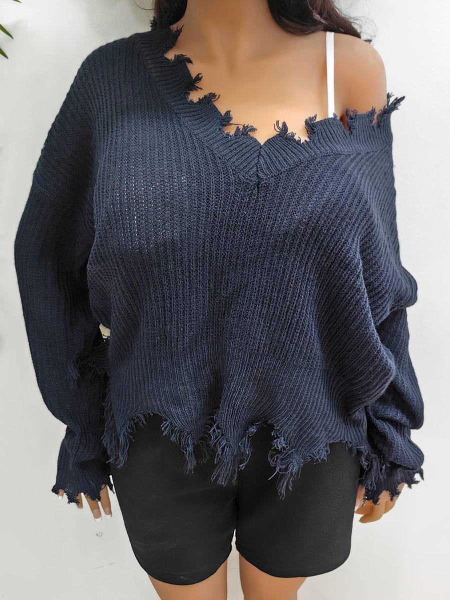 Solid Plus Size V Neck Long Sleeve Raw Hem Sweater