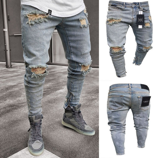 Fashion Men Skinny Jeans Stretchy Denim Slim Long Camouflage Pants Frayed Rip Bike Men Ripped Jeans 20 styles