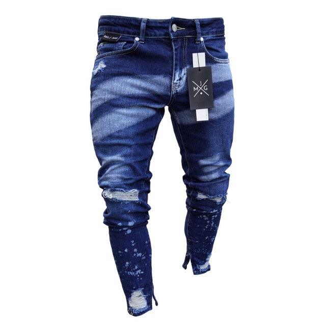 Stylish Men's Ripped Skinny Jeans  Frayed Slim Fit Denim Pants Trousers
