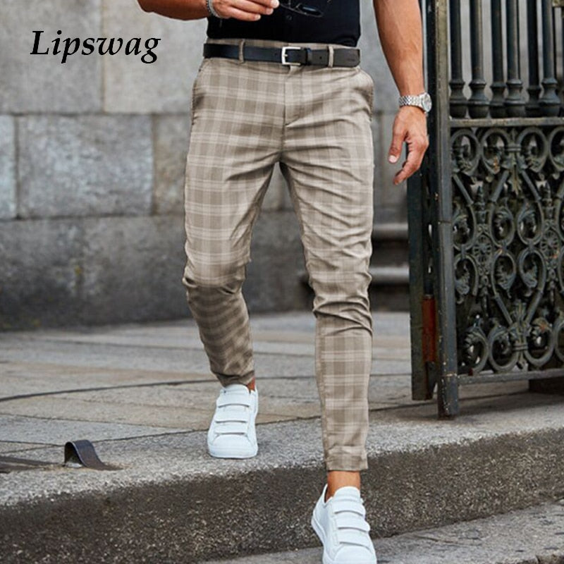 Spring Fashion Plaid Printed Pencil Pants For Mens Vintage Mid Waist Button Trouser Male Summer Casual Long Pant Streetwear