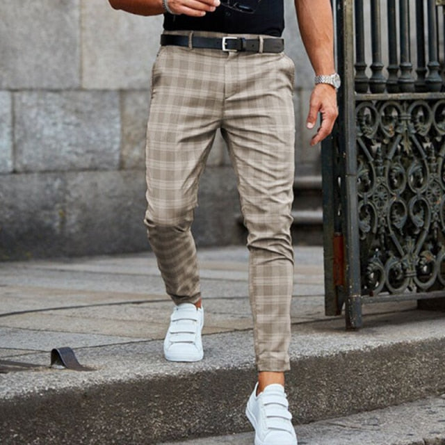 Spring Fashion Plaid Printed Pencil Pants For Mens Vintage Mid Waist Button Trouser Male Summer Casual Long Pant Streetwear