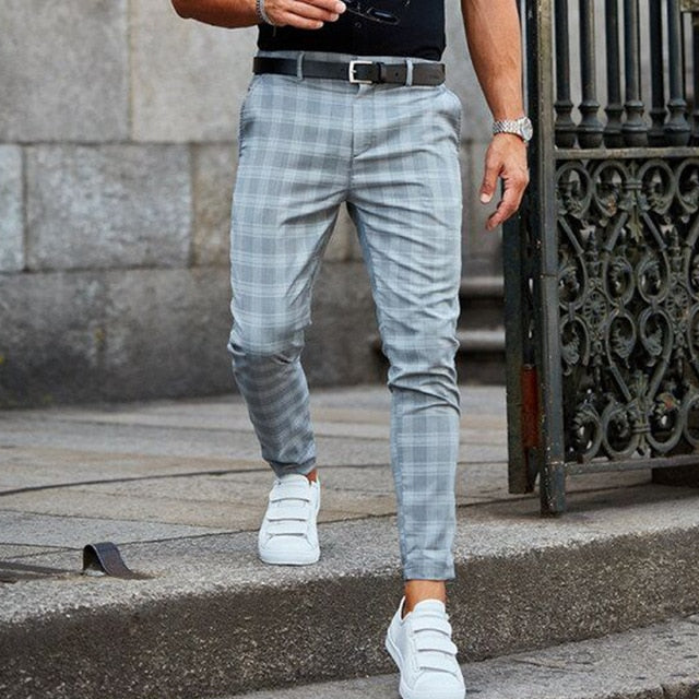 Spring Fashion Plaid Printed Pencil Pants For Mens Vintage Mid Waist Button Trouser Male Summer Casual Long Pant Streetwear