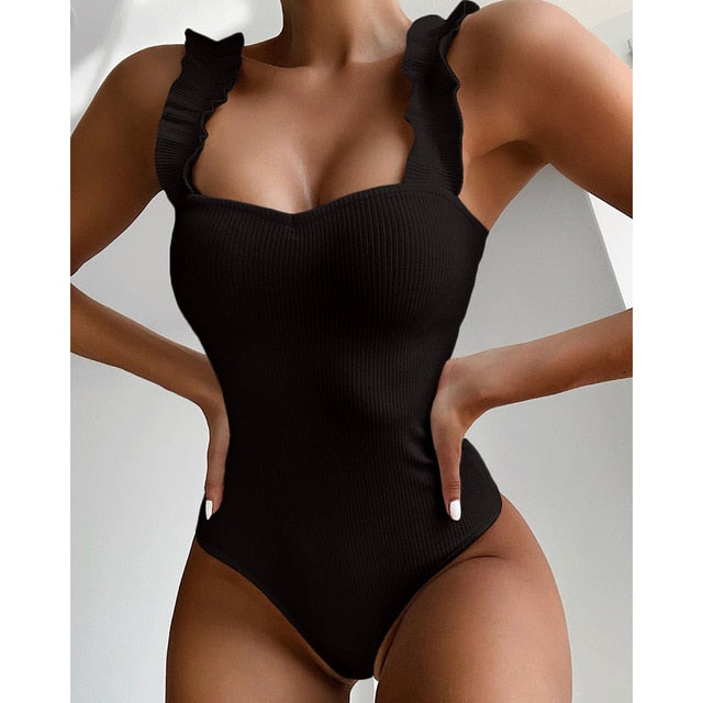 EVISPORTS 2021 New Sexy Female Swimsuit Vintage One Piece Ruffled Push Up Solid Red Swimwear Women Monokini Padded Bathing Suits