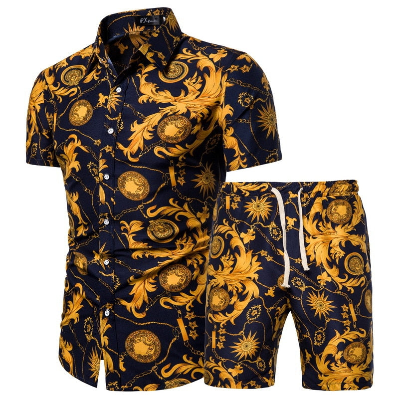 Summer New Men's Clothing Short-sleeved Printed Shirts Shorts 2 Piece Fashion Male Casual Beach Wear Clothes