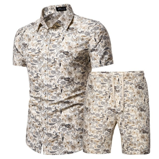 Summer New Men's Clothing Short-sleeved Printed Shirts Shorts 2 Piece Fashion Male Casual Beach Wear Clothes