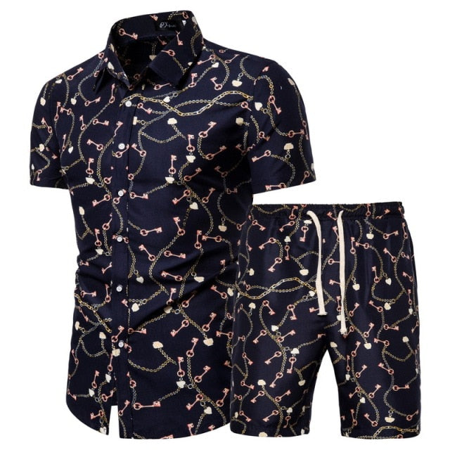 Summer New Men's Clothing Short-sleeved Printed Shirts Shorts 2 Piece Fashion Male Casual Beach Wear Clothes