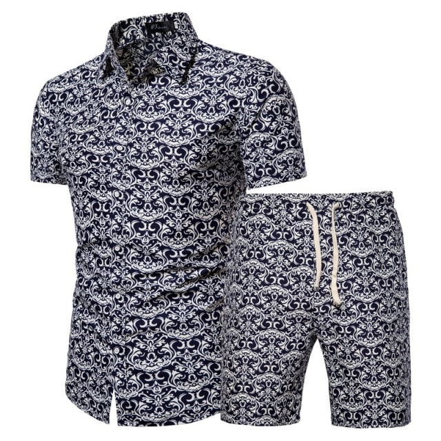 Summer New Men's Clothing Short-sleeved Printed Shirts Shorts 2 Piece Fashion Male Casual Beach Wear Clothes