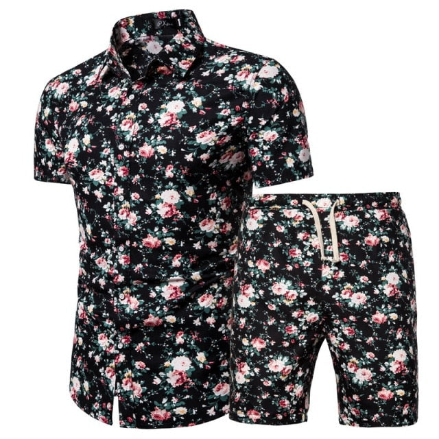 Summer New Men's Clothing Short-sleeved Printed Shirts Shorts 2 Piece Fashion Male Casual Beach Wear Clothes