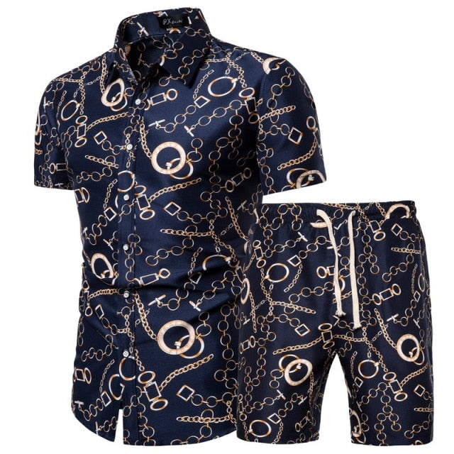 Summer New Men's Clothing Short-sleeved Printed Shirts Shorts 2 Piece Fashion Male Casual Beach Wear Clothes