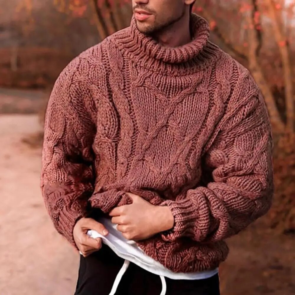Men's Sweater Fashion Twist Braid Autumn Winter Knit Sweater Solid Color Cotton Warm Slim Fit Turtle-Neck Jumper Pullover свитер