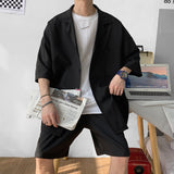 Korean Style Men's Set Suit Jacket and Shorts Solid Thin Short Sleeve Top Matching Bottoms Summer Fashion Oversized Clothing Man