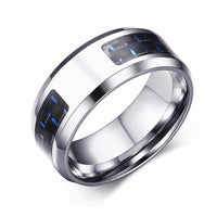 Laser Engraved Wolf Men Ring for Men Stainless Steel Blue Carbon Fibre 8mm Wedding Band