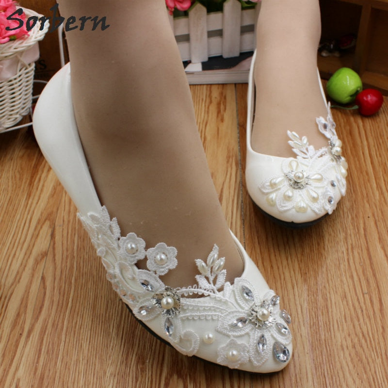 Sorbern Asymmetric Crystal Wedding Shoes Lace Appliques White Bridal Shoes Flat Heels Trendy Heels Closed Toe Heels Flats Shoes