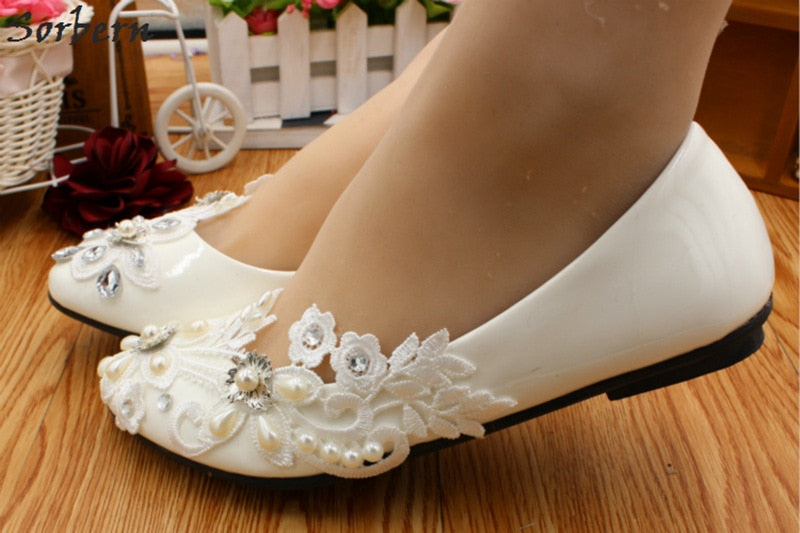 Sorbern Asymmetric Crystal Wedding Shoes Lace Appliques White Bridal Shoes Flat Heels Trendy Heels Closed Toe Heels Flats Shoes