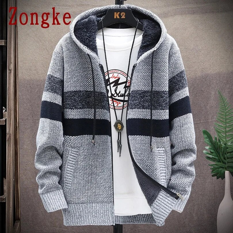 Winter Cardigan Sweater Men Coats Thick Hooded Cardigan Men Sweater Striped Mens Clothes Sweaters Cardigans 2022 M-4XL