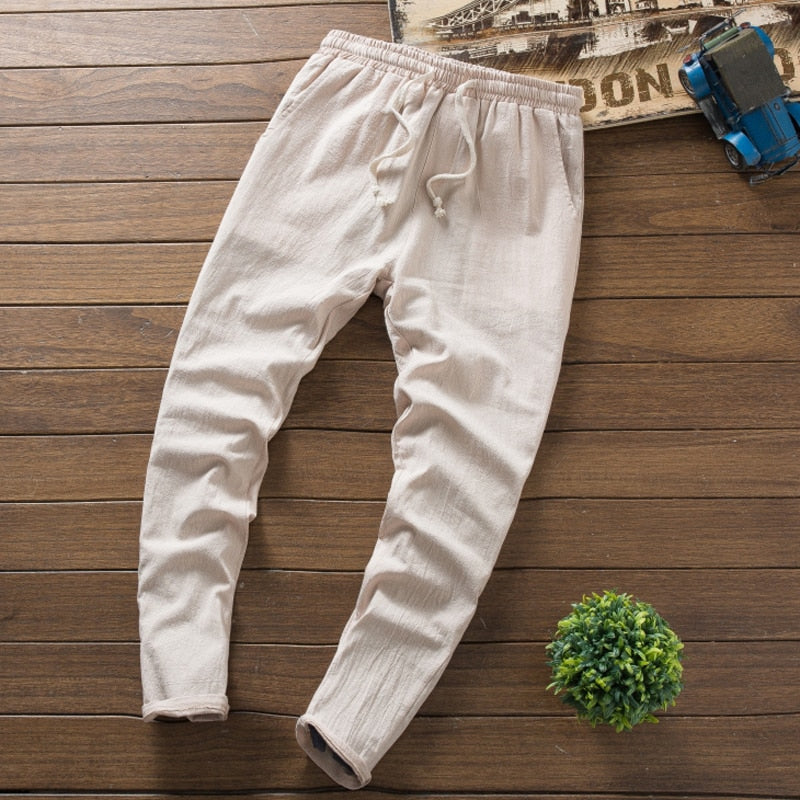 (Shirt + trousers) New Arrival Summer Style Men Cotton and Linen Shirts High Quality Fashion Casual Solid Men's Cropped Pants