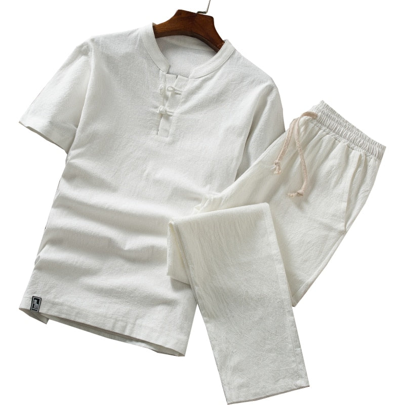 (Shirt + trousers) New Arrival Summer Style Men Cotton and Linen Shirts High Quality Fashion Casual Solid Men's Cropped Pants