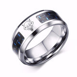 Laser Engraved Wolf Men Ring for Men Stainless Steel Blue Carbon Fibre 8mm Wedding Band