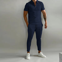 New Solid Color Men's Suit Summer Casual  Short Sleeve Polo Shirt Calf pants &for Men Streetwear Male tracksuit 2-piece set