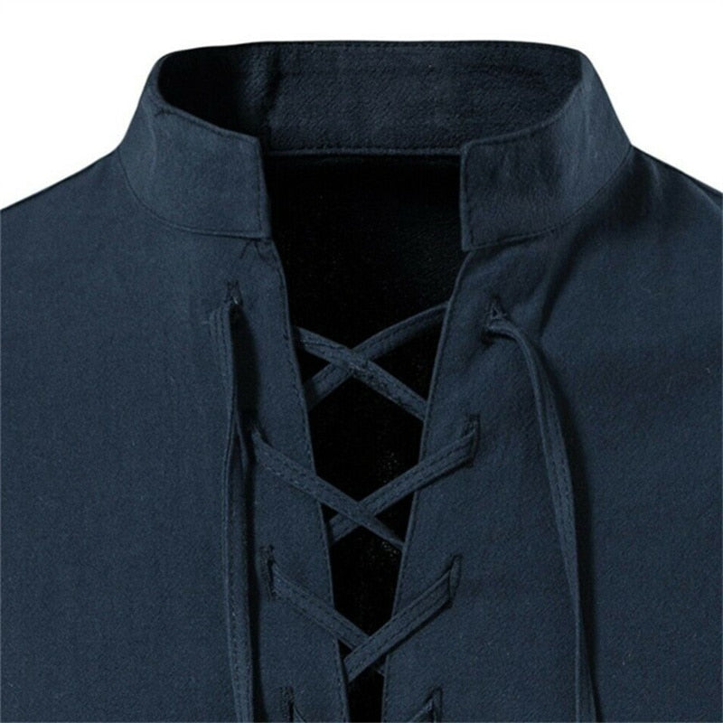 Men's V-neck shirt T-shirt Fashion Vintage Thin Long Sleeve Top men Casual Breathable Viking Front Lace Up man Shirts
