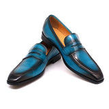 Handmade Mens Penny Loafer Shoes Genuine Leather Classic Blue Dress Shoes Wedding Party Slip on Shoe for Men Italian Fashion
