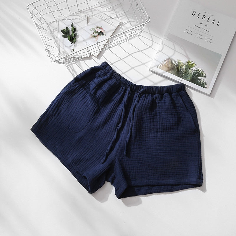Summer Couples Sleep Pants 100% Cotton Crepe Pajama Shorts Men and Women Elastic Waist Sleep Bottoms Solid Sleeping Shorts 2020