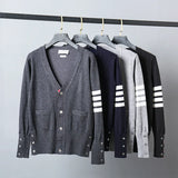 Mens TB Fashion Brand Sweaters Boys Slim Fit V-Neck Striped Cardigans Clothing Striped Cotton Wool Casual Coat England Style