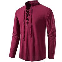 Men's V-neck shirt T-shirt Fashion Vintage Thin Long Sleeve Top men Casual Breathable Viking Front Lace Up man Shirts