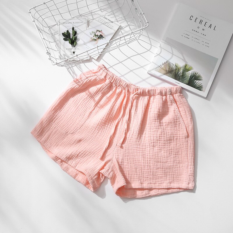 Summer Couples Sleep Pants 100% Cotton Crepe Pajama Shorts Men and Women Elastic Waist Sleep Bottoms Solid Sleeping Shorts 2020