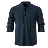 Men's V-neck shirt T-shirt Fashion Vintage Thin Long Sleeve Top men Casual Breathable Viking Front Lace Up man Shirts