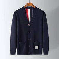Mens Cardigan Luxury TB Fashion Brand Thom 3 Bar Funmix Jacquard Sweaters Males V-Neck Striped Street Fashion Wear Cardigan