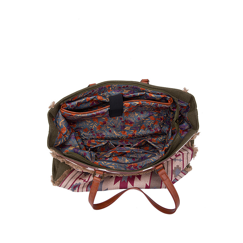 Retro Print Fringe Canvas Tote Bag Set