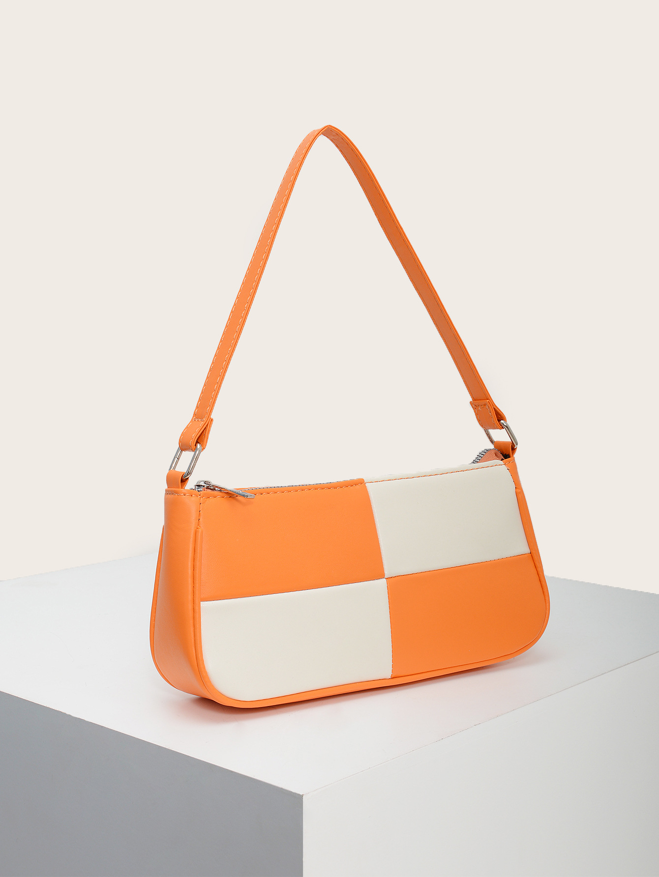 Retro Plaid Color Block Baguette Bag