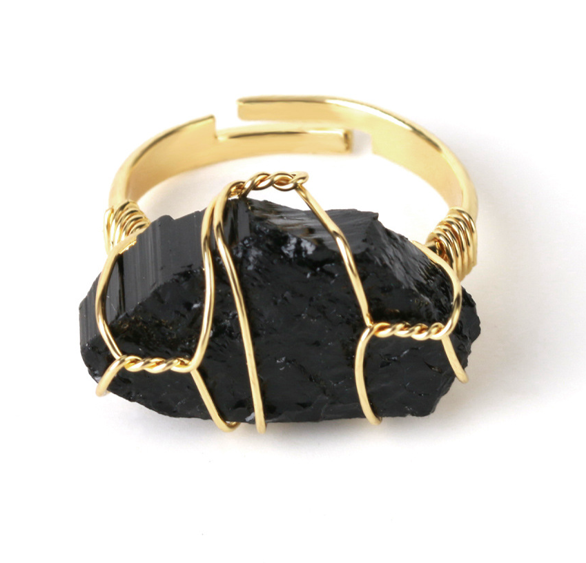 Retro Wire-Wrapping Natural Crystal Gold-Plated Cuff Ring
