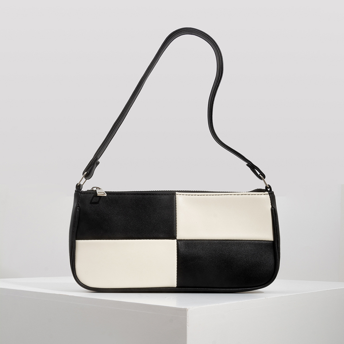 Retro Plaid Color Block Baguette Bag