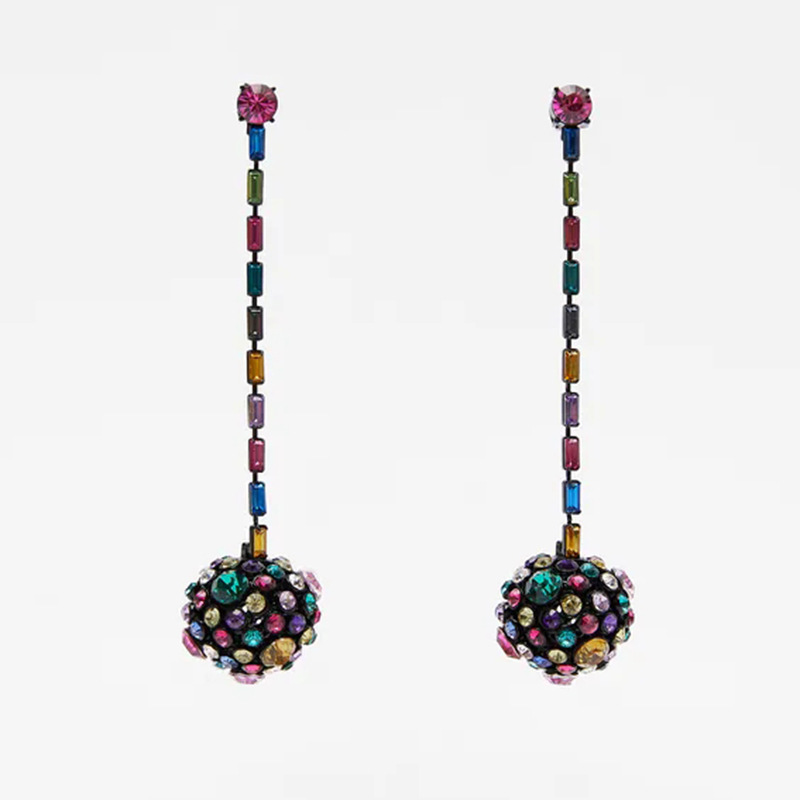 Women's Colored Glass Ball Long Rhinestone Earrings