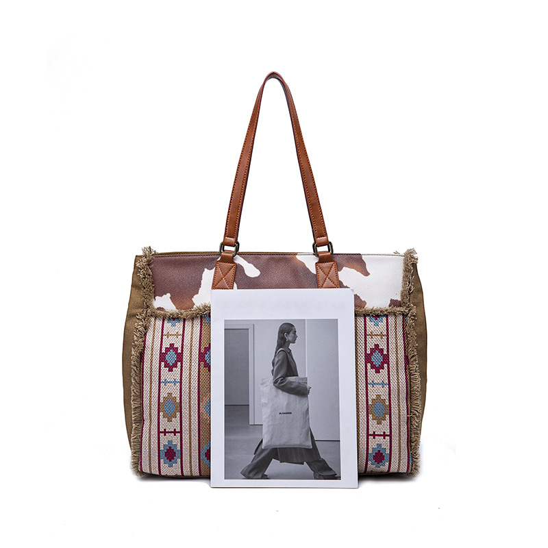 Retro Print Fringe Canvas Tote Bag Set