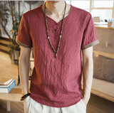 Chinese style embroidery buckle short sleeves Thin section linen casual large size short sleeve men's cotton and linen T-shirt